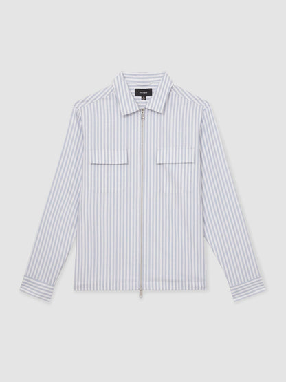 Cotton Stripe Zip-Through Shirt in White/Soft Blue Men | Reiss