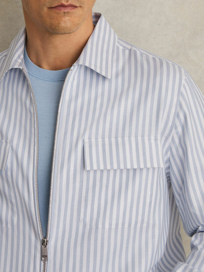 Cotton Stripe Zip-Through Shirt in White/Soft Blue Men | Reiss
