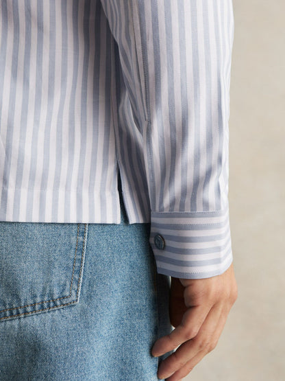 Cotton Stripe Zip-Through Shirt in White/Soft Blue Men | Reiss