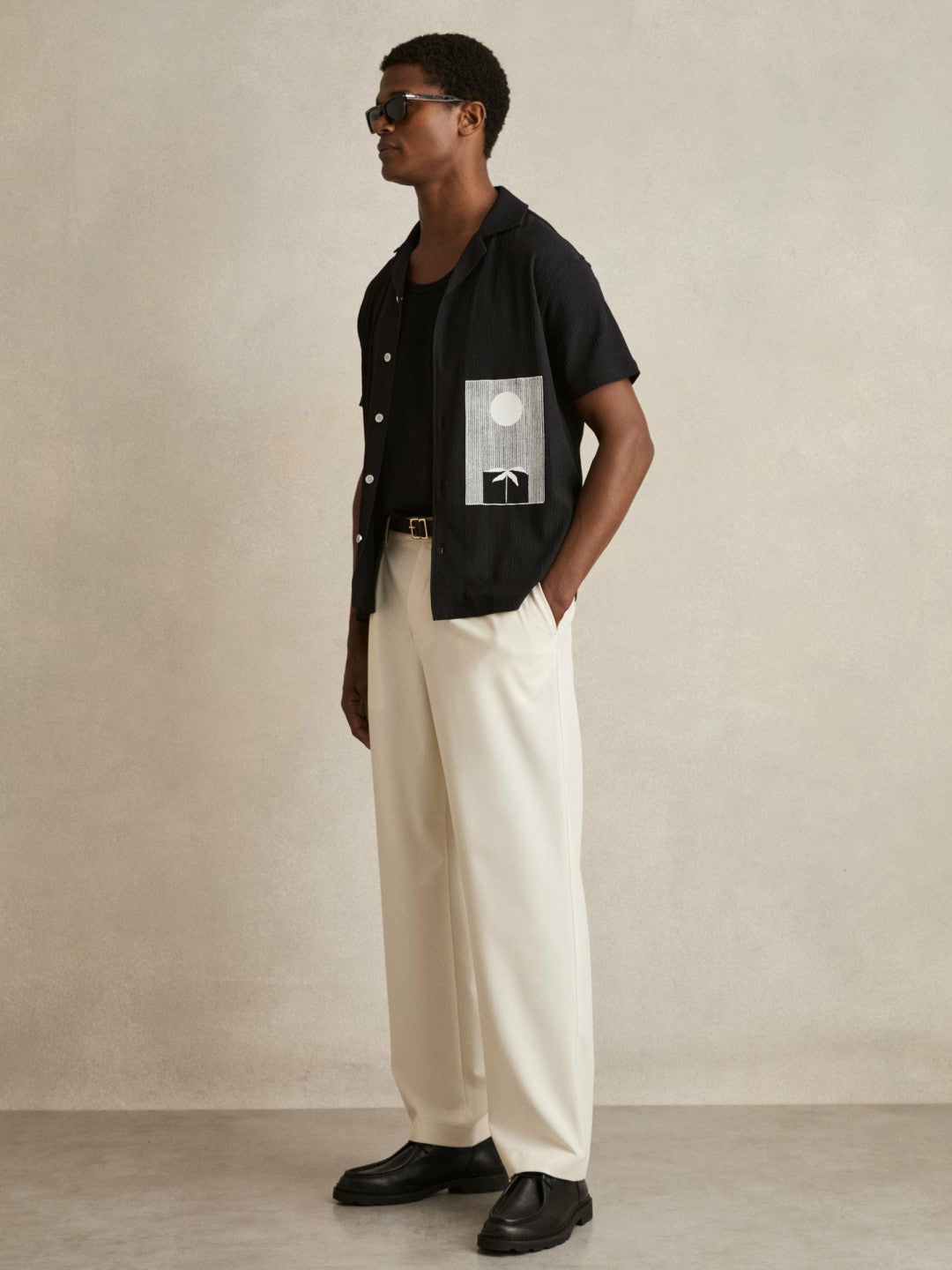 Graphic Print Cuban-Collar Shirt in Black Men | Reiss