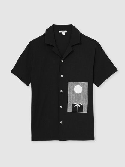 Graphic Print Cuban-Collar Shirt in Black Men | Reiss