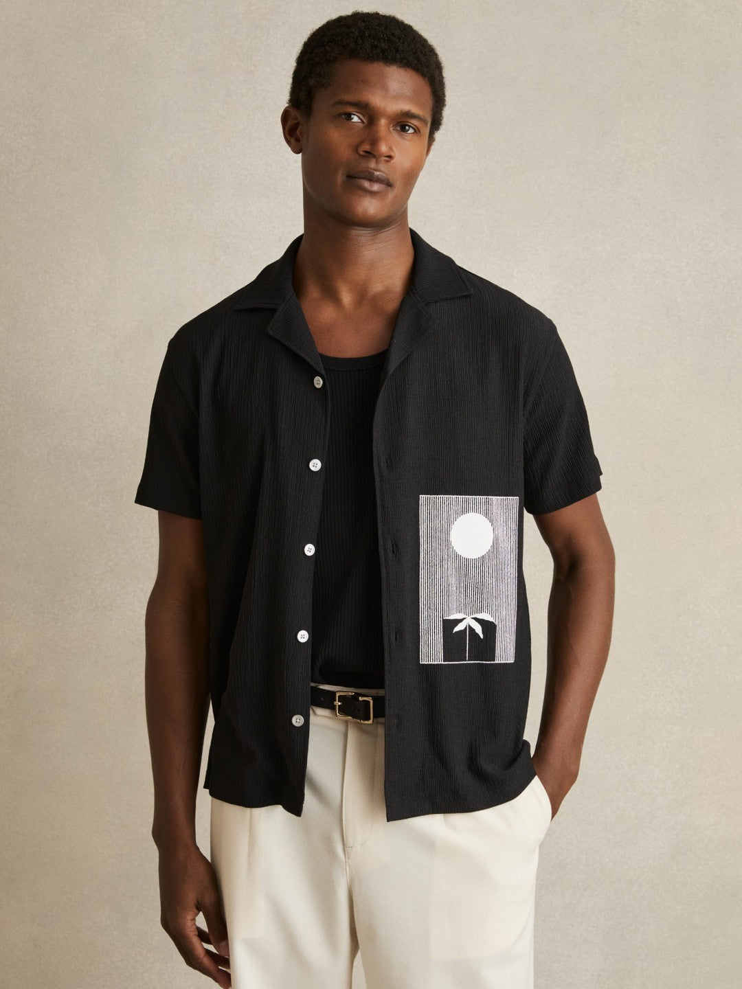 Graphic Print Cuban-Collar Shirt in Black Men | Reiss