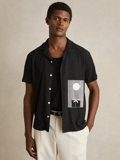 Graphic Print Cuban-Collar Shirt in Black Men | Reiss