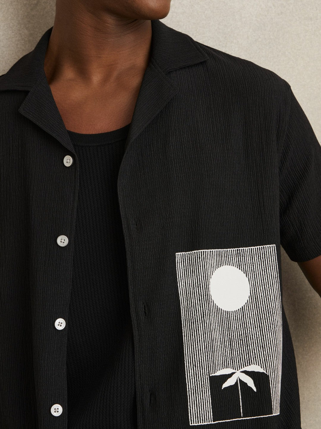 Graphic Print Cuban-Collar Shirt in Black Men | Reiss