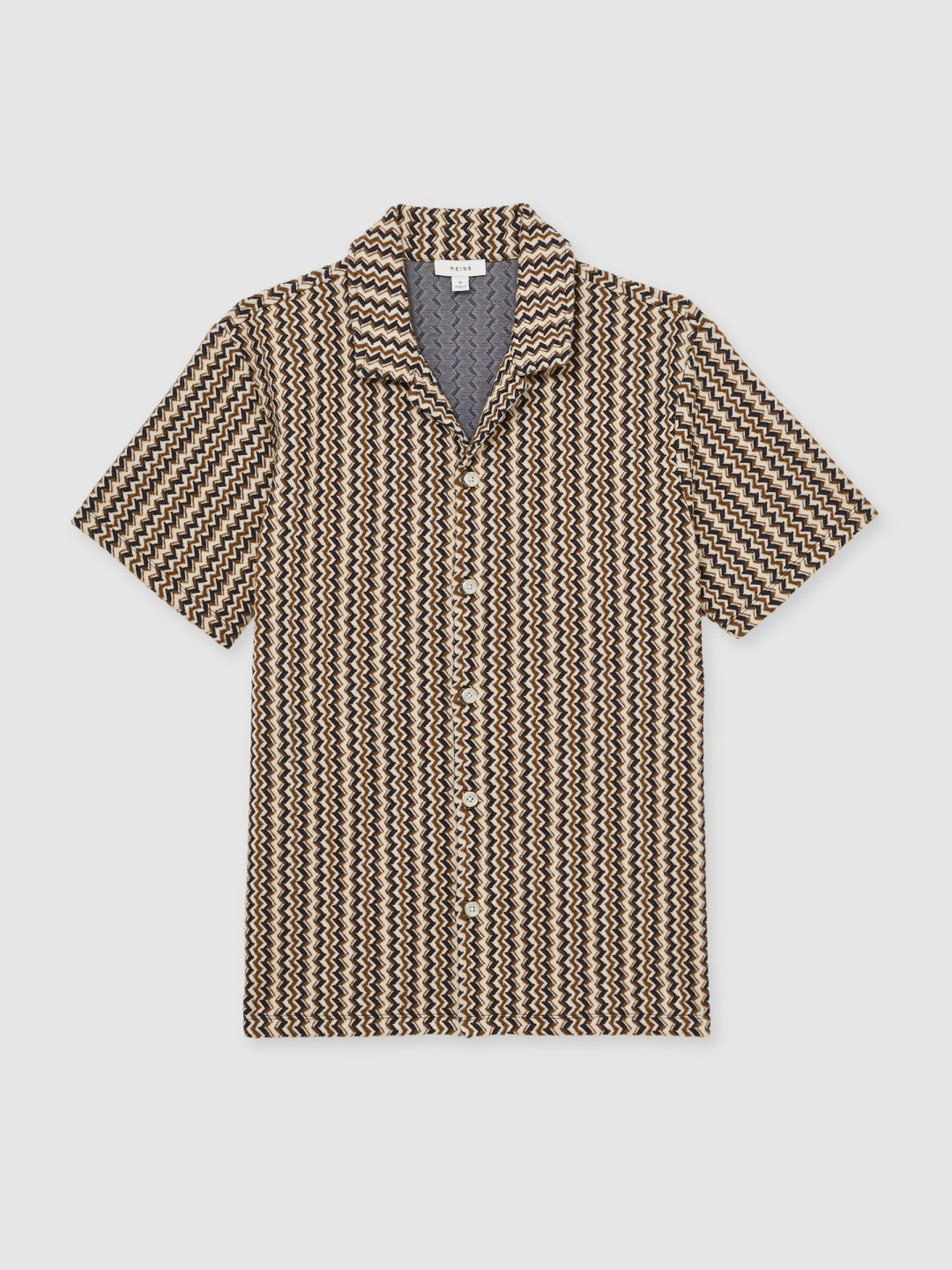 Zig-Zag Knit Cuban-Collar Shirt in Tobacco Brown Men | Reiss