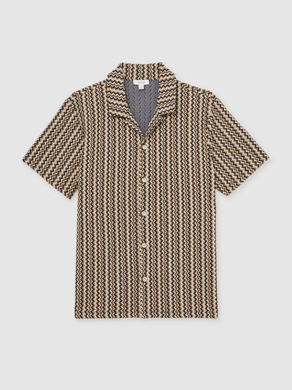 Zig-Zag Knit Cuban-Collar Shirt in Tobacco Brown Men | Reiss