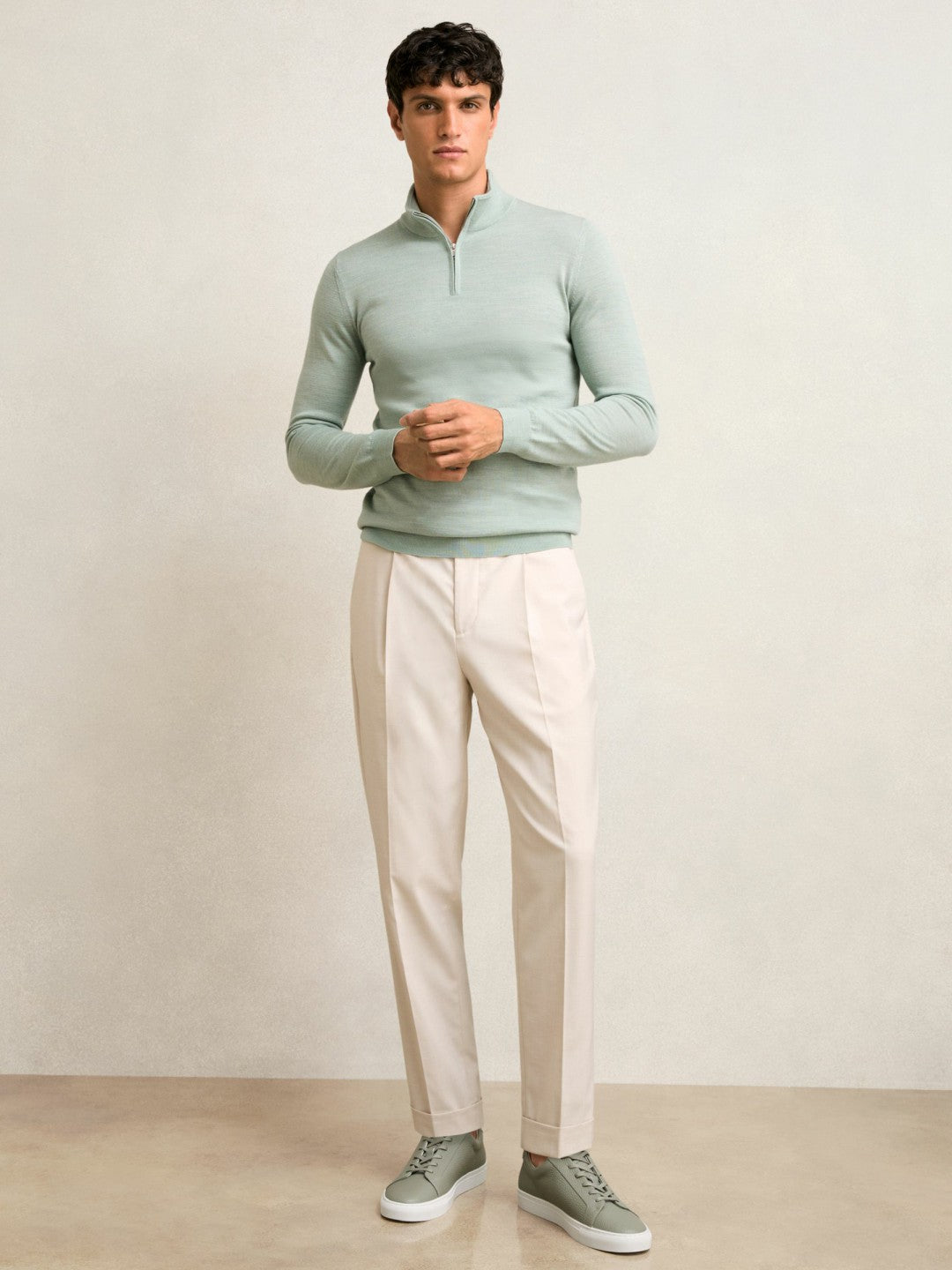 Merino Wool Half-Zip Jumper in Sage Green Melange Men | Reiss