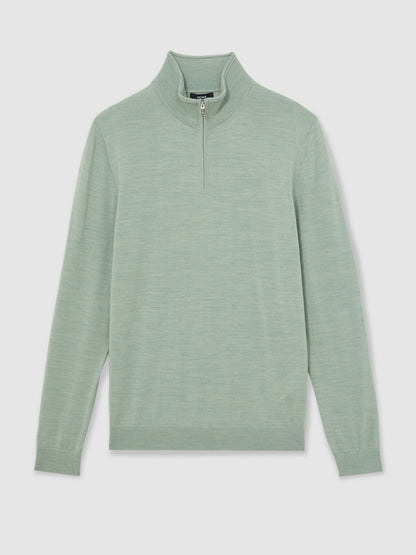 Merino Wool Half-Zip Jumper in Sage Green Melange Men | Reiss