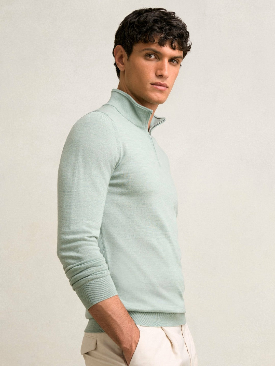 Merino Wool Half-Zip Jumper in Sage Green Melange Men | Reiss
