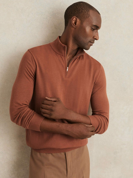 Merino Wool Half-Zip Jumper in Cinnamon Brown Men | Reiss