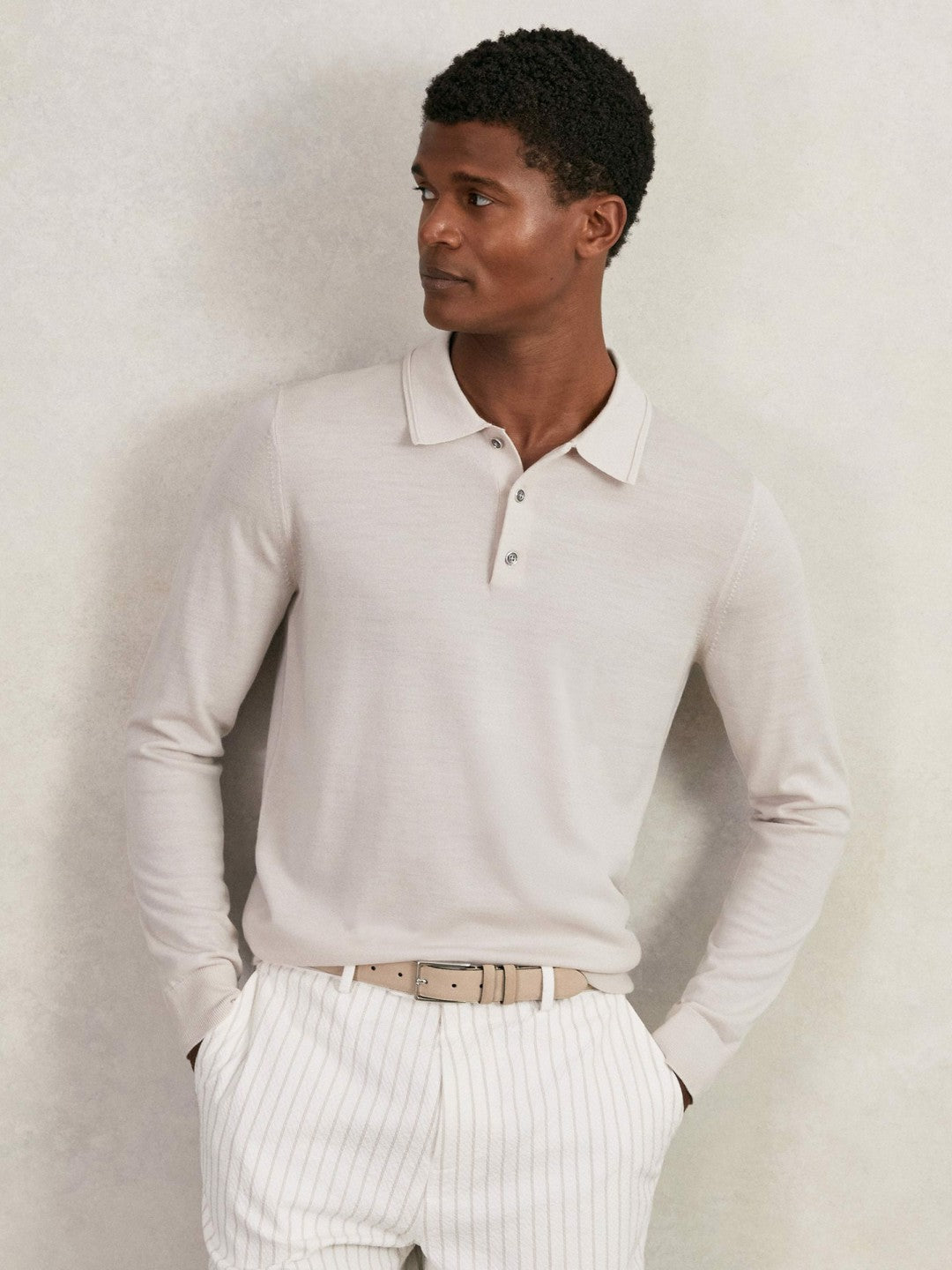 Merino Wool Long-Sleeve Polo Shirt in Beige Men | Reiss