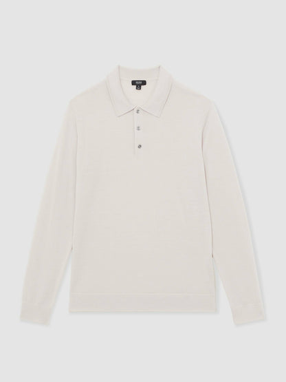 Merino Wool Long-Sleeve Polo Shirt in Beige Men | Reiss