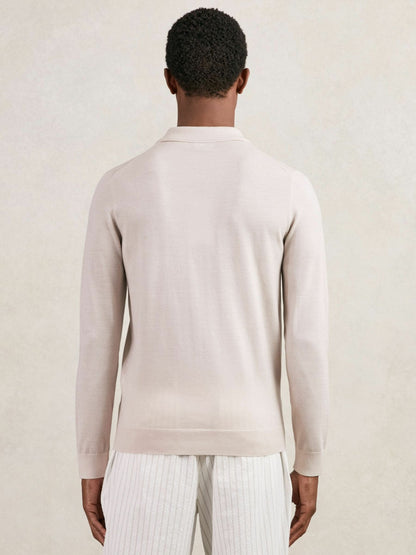 Merino Wool Long-Sleeve Polo Shirt in Beige Men | Reiss