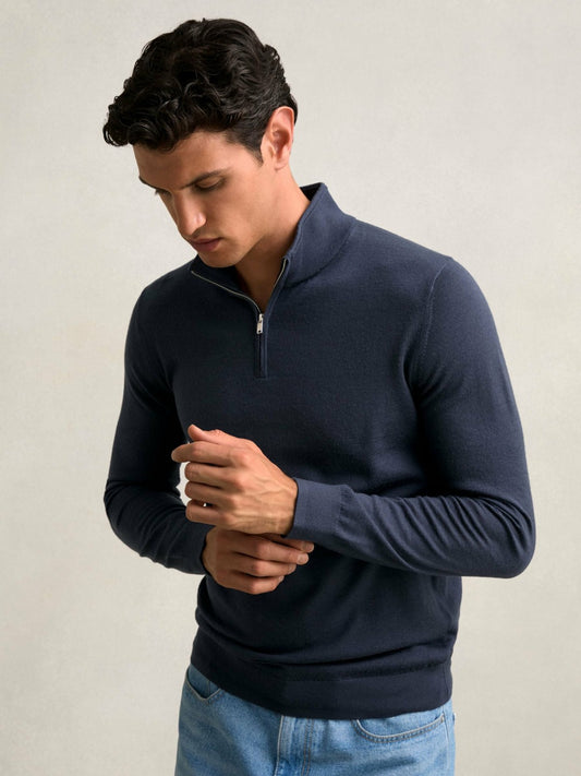 Merino Wool Half-Zip Jumper in Midnight Navy Men | Reiss