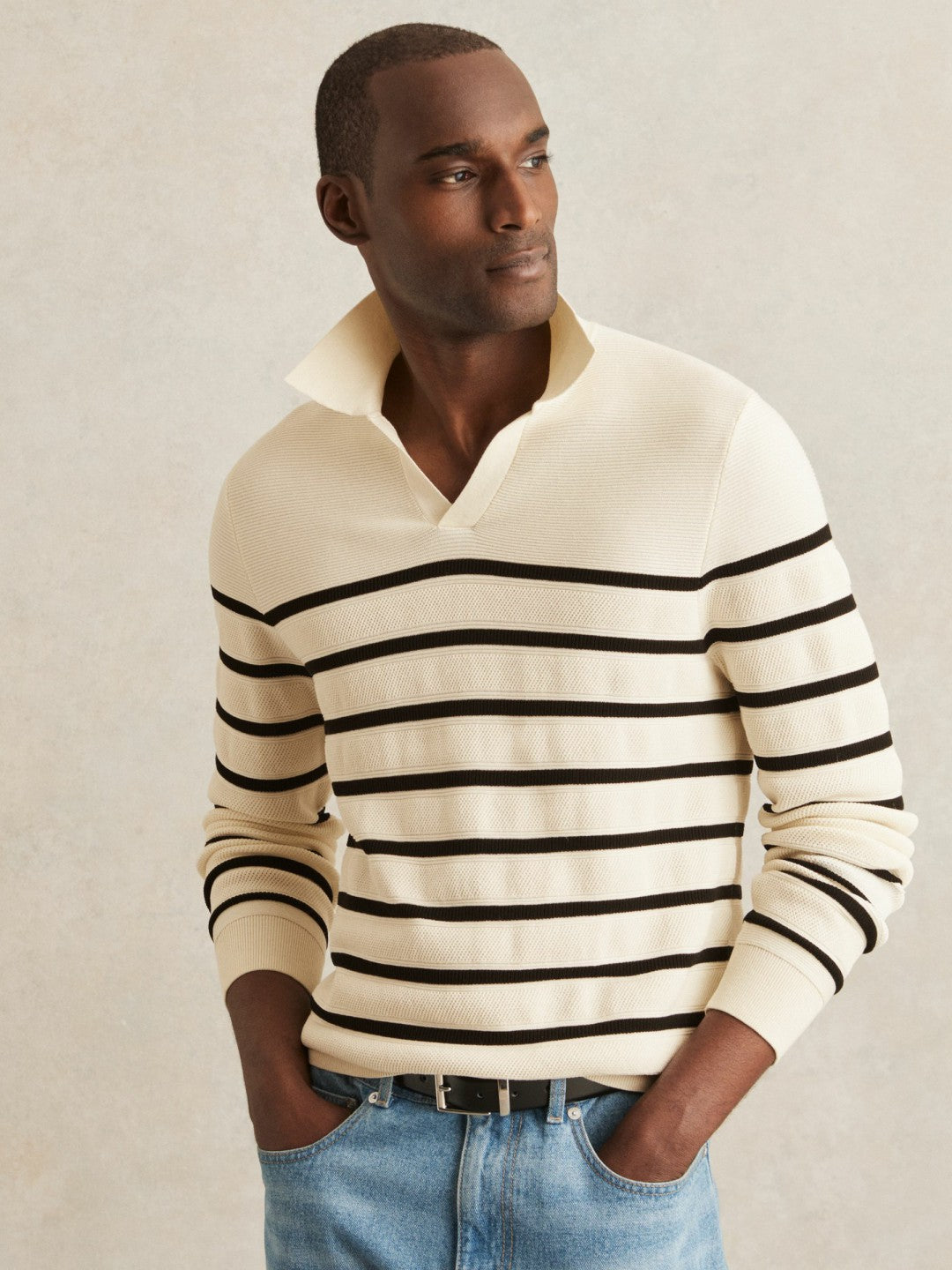 Cotton Blend Stripe Knit Polo Shirt in Warm Stone/Black Men | Reiss