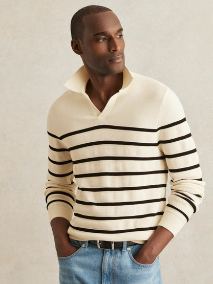 Cotton Blend Stripe Knit Polo Shirt in Warm Stone/Black Men | Reiss