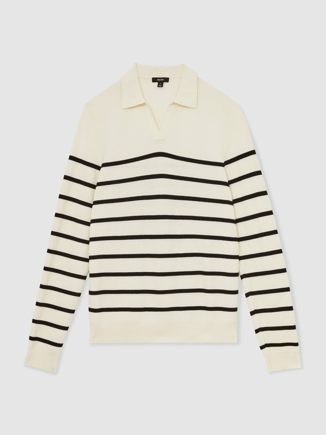 Cotton Blend Stripe Knit Polo Shirt in Warm Stone/Black Men | Reiss