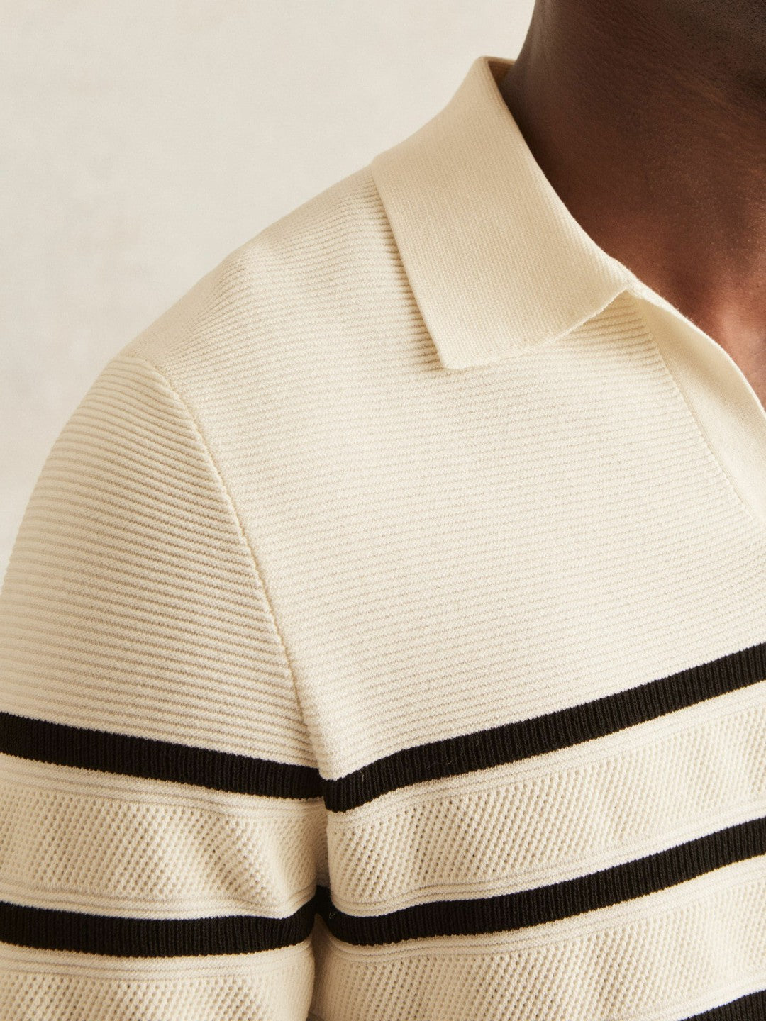 Cotton Blend Stripe Knit Polo Shirt in Warm Stone/Black Men | Reiss