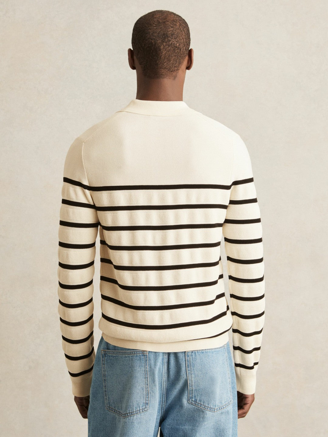 Cotton Blend Stripe Knit Polo Shirt in Warm Stone/Black Men | Reiss