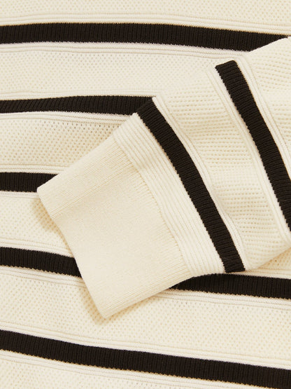Cotton Blend Stripe Knit Polo Shirt in Warm Stone/Black Men | Reiss