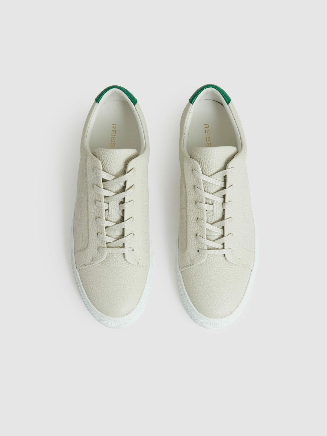 Tumbled-Leather Low-Top Trainers in Off White/Green Men | Reiss