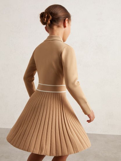 9-13 yrs Button-Detail Stripe Knitted Dress in Camel Children & Baby | Reiss