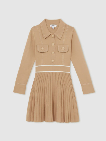 9-13 yrs Button-Detail Stripe Knitted Dress in Camel Children & Baby | Reiss