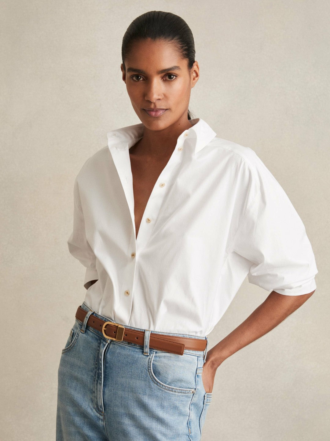 Leather Curved-Buckle Belt in Tan Women | Reiss