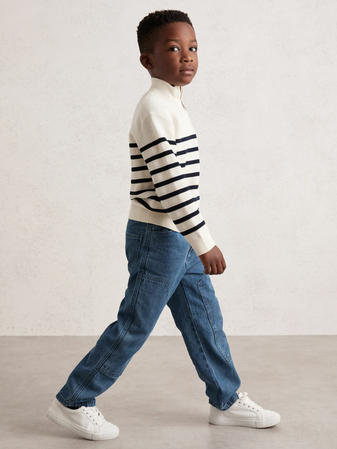 3-9 yrs Cotton-Blend Stripe Half-Zip Jumper in White Children & Baby | Reiss
