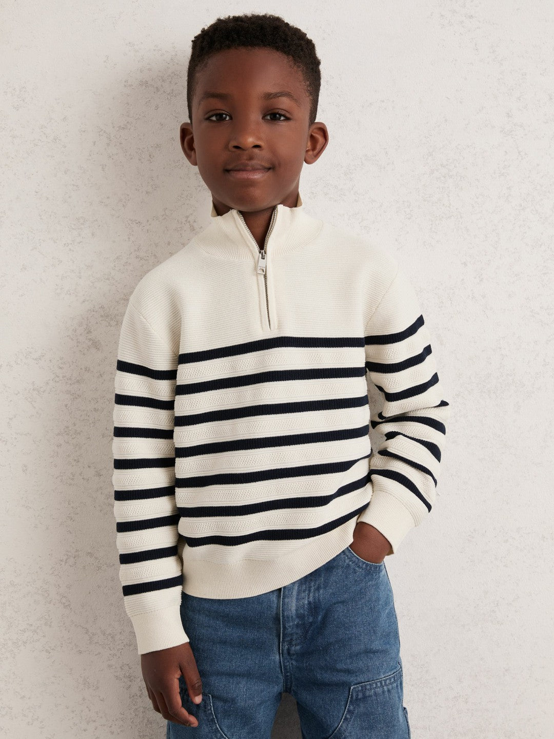 9-13 yrs Cotton-Blend Stripe Half-Zip Jumper in White Children & Baby | Reiss