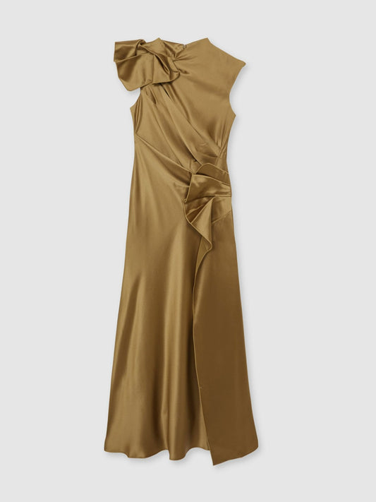 Acler Draped Satin Midi Dress in Gold Moss Women | Reiss