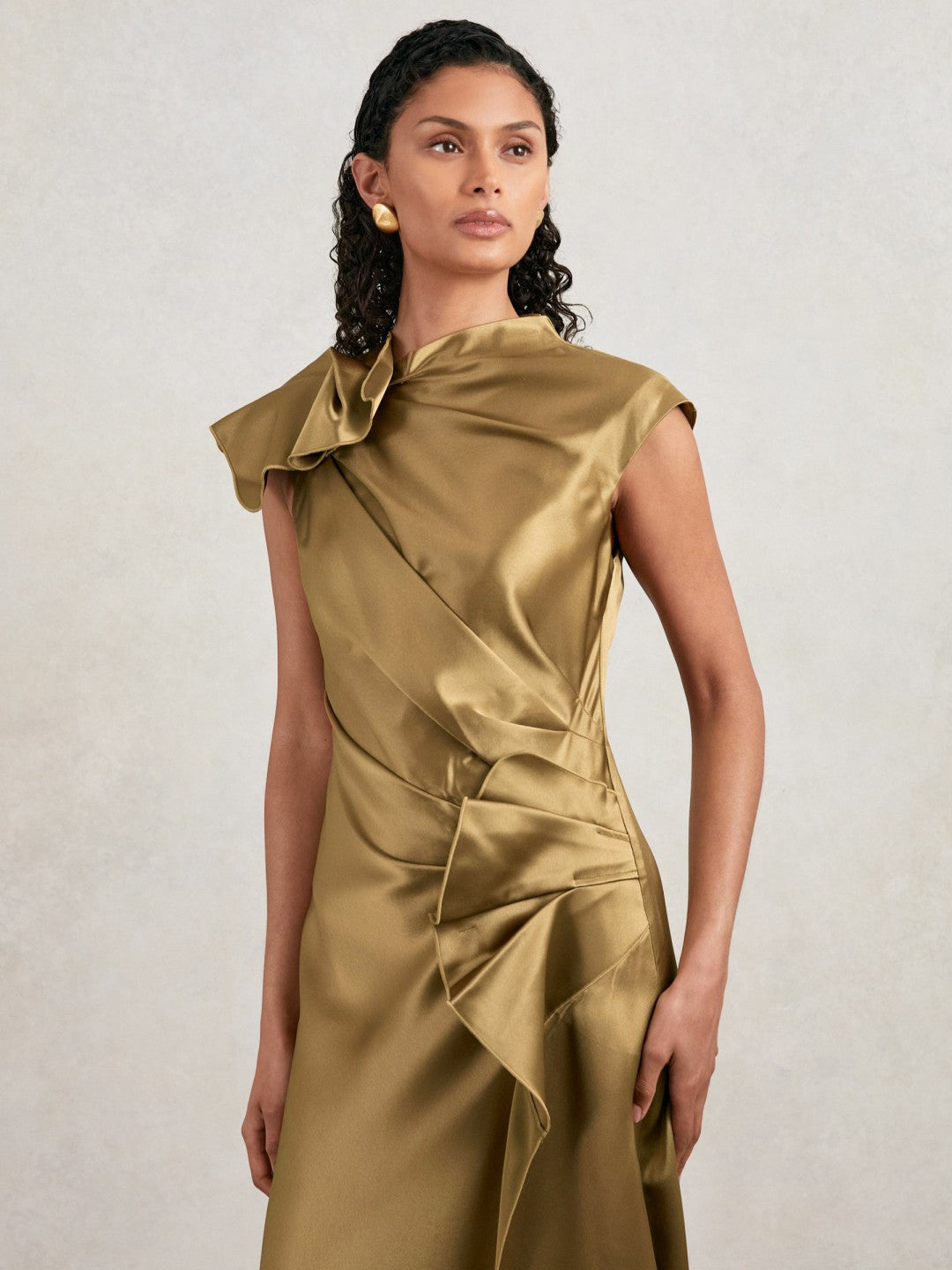 Acler Draped Satin Midi Dress in Gold Moss Women | Reiss