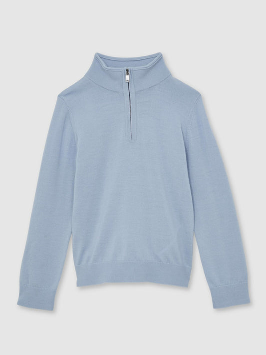 13-14 yrs Merino Wool Half-Zip Funnel Neck Jumper in Soft Blue Melange Children & Baby | Reiss