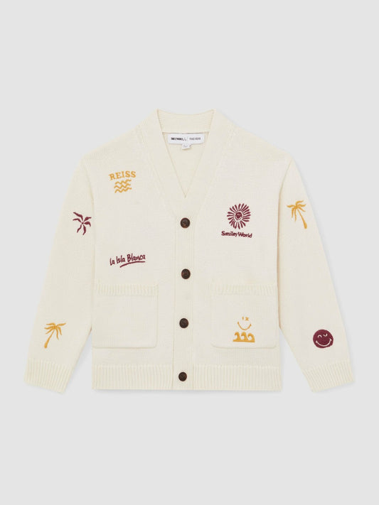 13-14 yrs SmileyWorld Embroidery Cardigan Unisex Fit in Off White Children & Baby | Reiss