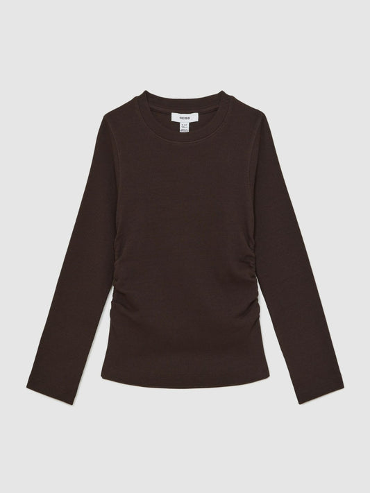 13-14 yrs Cotton Ruched Long-Sleeve T-Shirt with Stretch in Chocolate Children & Baby | Reiss