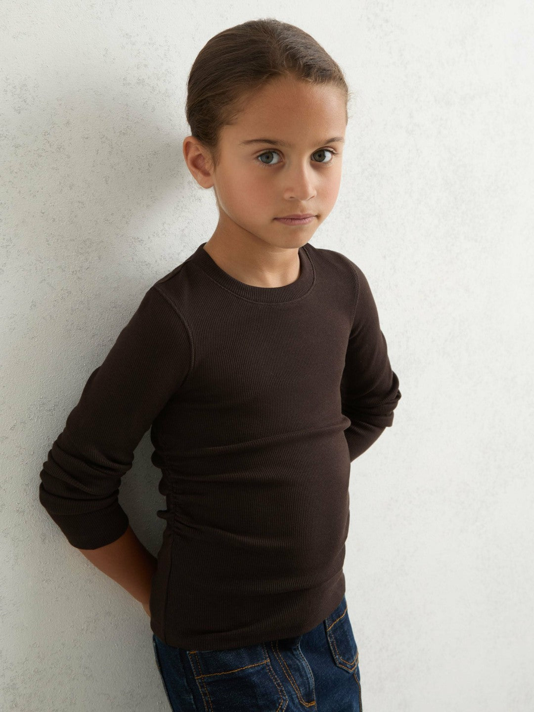 13-14 yrs Cotton Ruched Long-Sleeve T-Shirt with Stretch in Chocolate Children & Baby | Reiss