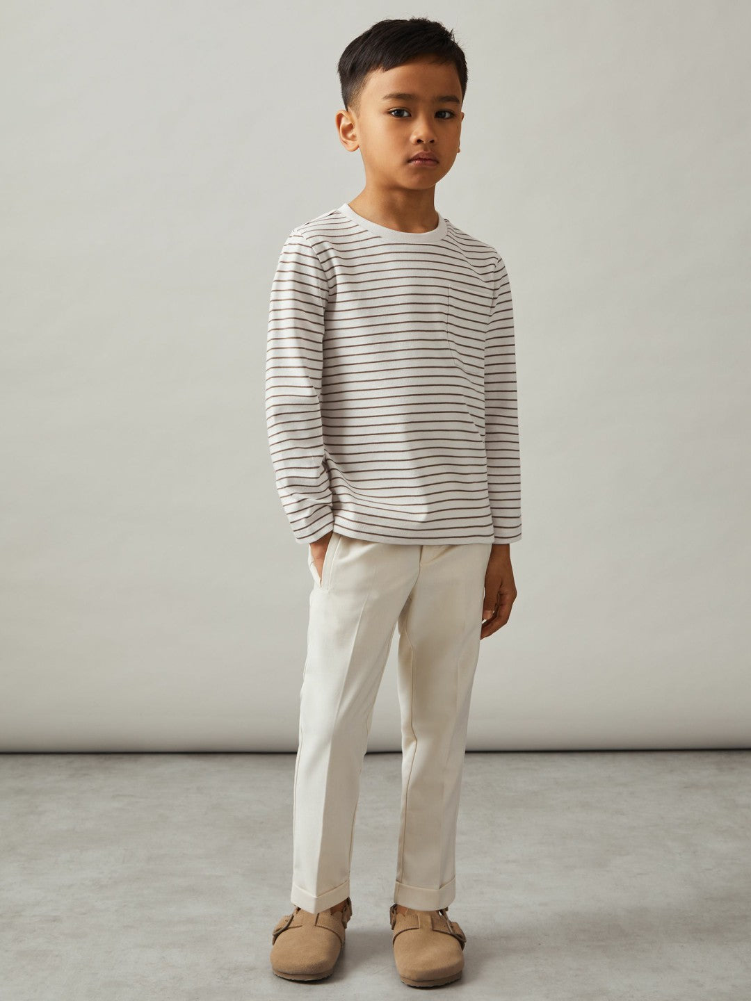 9-13 yrs Stretch-Cotton Stripe T-Shirt in Off White/Camel Children & Baby | Reiss