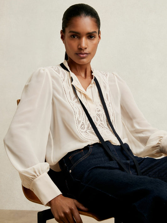 Lace-Embroidered Tie-Neck Shirt in Cream Women | Reiss