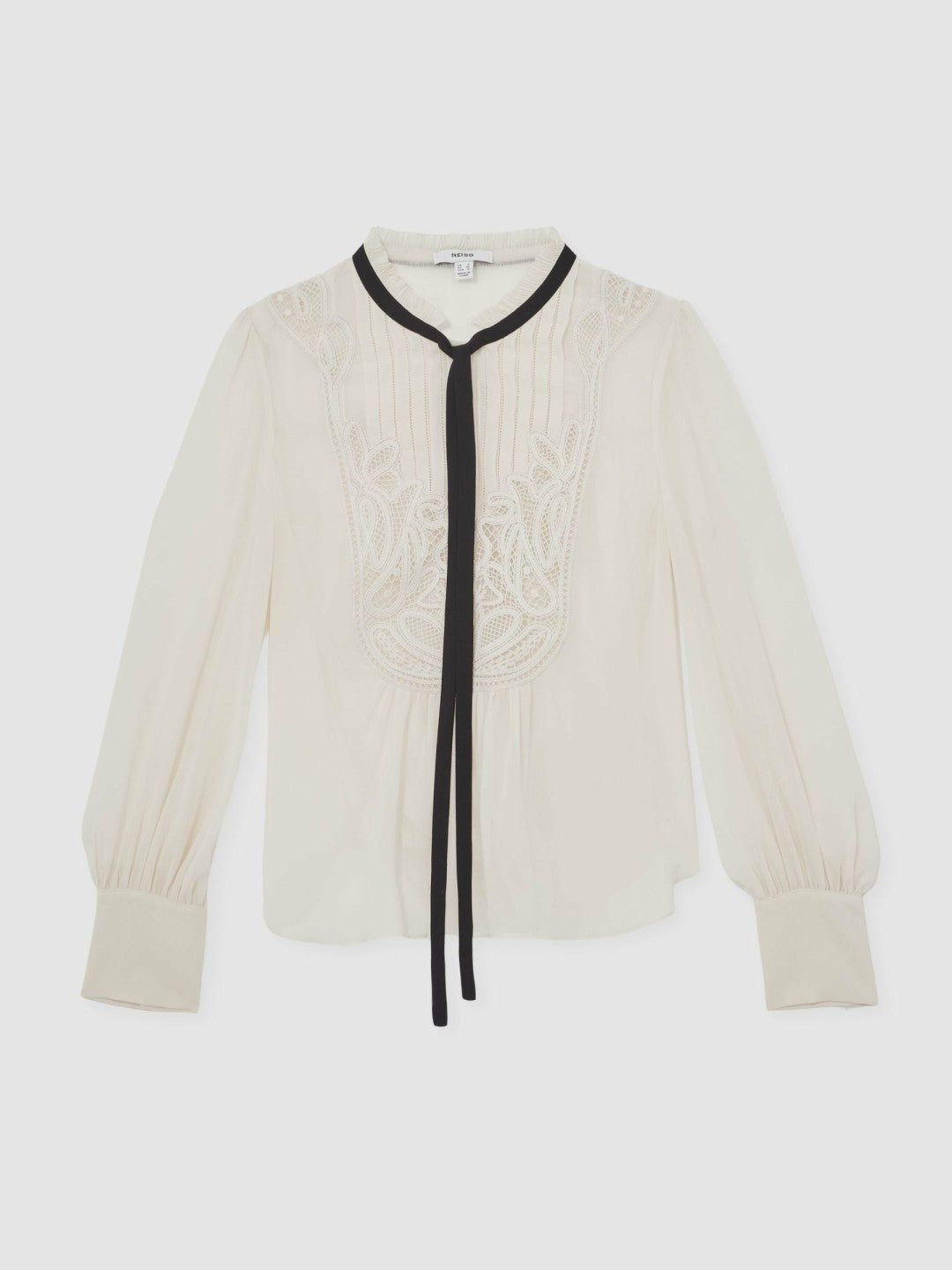 Lace-Embroidered Tie-Neck Shirt in Cream Women | Reiss