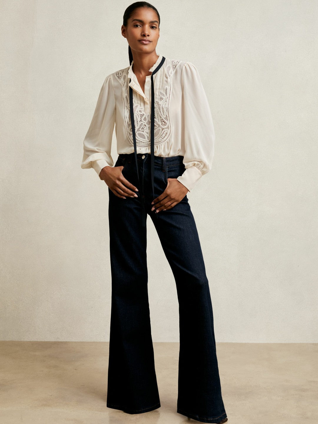 Lace-Embroidered Tie-Neck Shirt in Cream Women | Reiss
