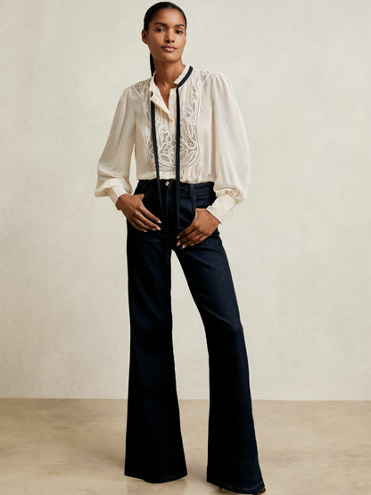 Lace-Embroidered Tie-Neck Shirt in Cream Women | Reiss