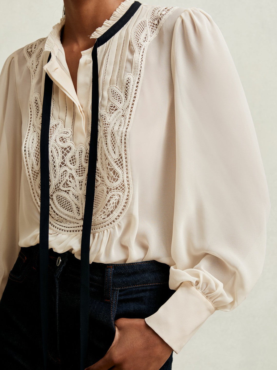 Lace-Embroidered Tie-Neck Shirt in Cream Women | Reiss