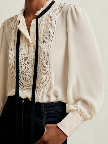 Lace-Embroidered Tie-Neck Shirt in Cream Women | Reiss