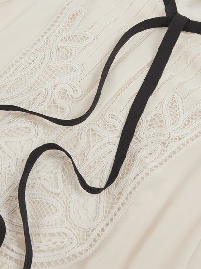 Lace-Embroidered Tie-Neck Shirt in Cream Women | Reiss