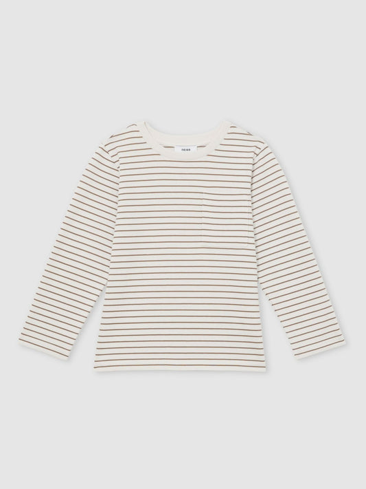 13-14 yrs Stretch-Cotton Stripe T-Shirt in Off White/Camel Children & Baby | Reiss