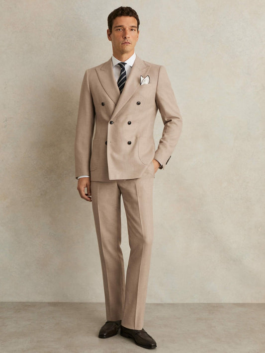 Slim-Fit Wool-Blend Double-Breasted Suit Blazer in Oatmeal Brown Men | Reiss