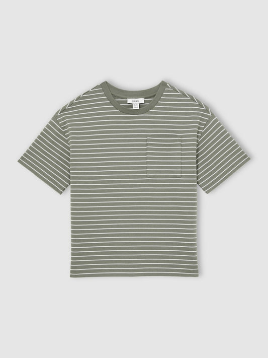 13-14 yrs Cotton-Blend Stripe T-Shirt in Sage/White Children & Baby | Reiss