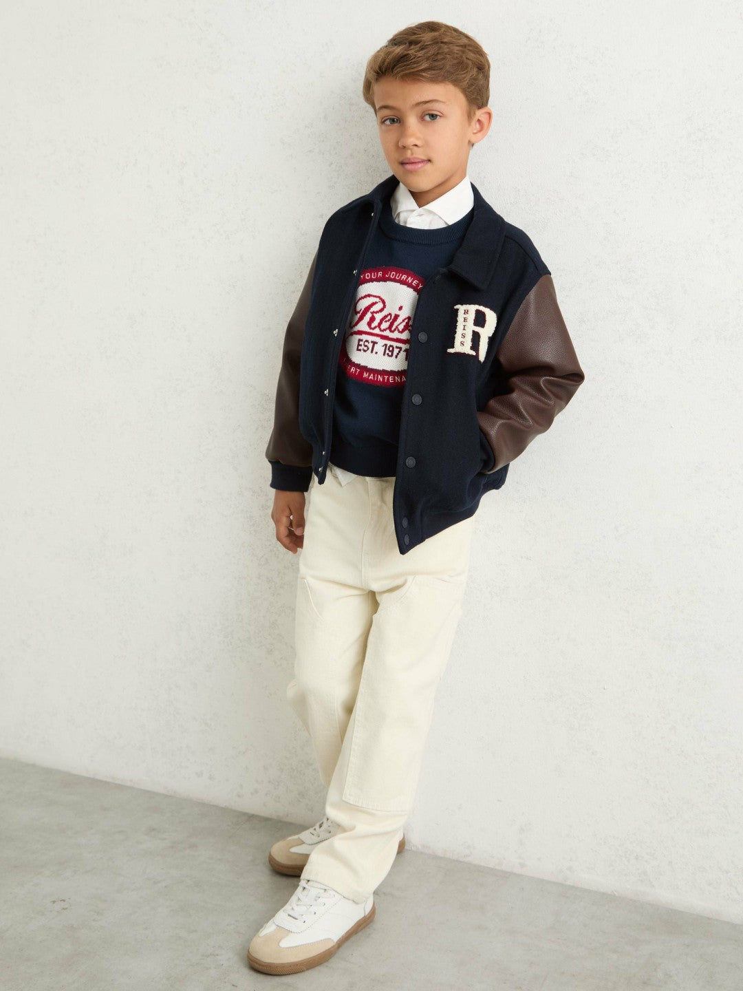 13-14 yrs Motor Cars Press-Stud Bomber Jacket in Navy/Brown Children & Baby | Reiss