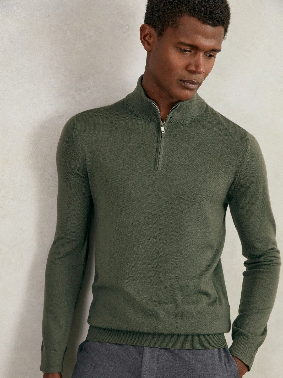 Merino Wool Half-Zip Jumper in Kale Green Men | Reiss