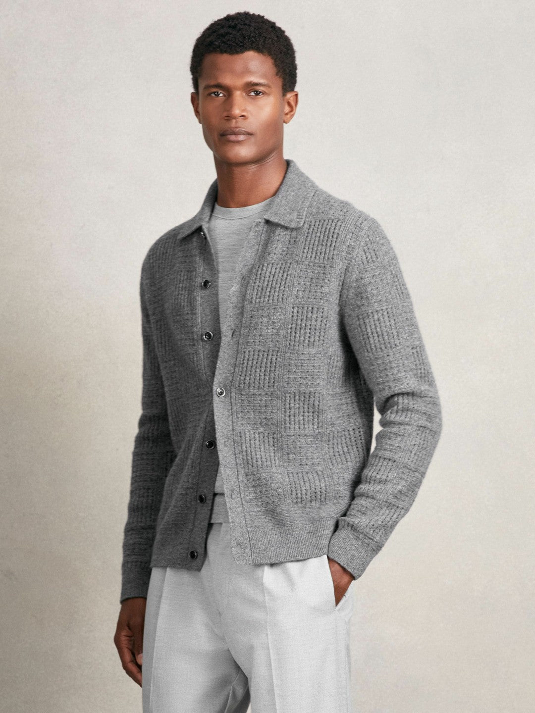 Wool Button Through Pointelle Shirt in Mid Grey Men | Reiss